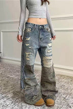 Washed Camo Patchwork Distressed Slim-Fit Jeans