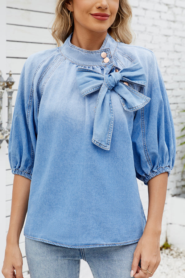 Fashionable Tie-up Bow Loose Lantern Sleeve Denim Top