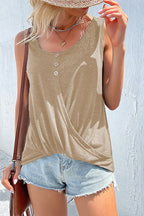 Kink T-Shirt Solid Color Cross Button Round Neck Sleeveless Tank Top