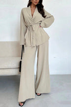Solid Color Collared Long-sleeved Tie-waist Loose Top and Elastic Waist Casual Wide-leg Pants Set