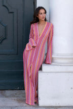 Crochet Colorful Stripe V Neck Flare Sleeve Maxi Dress