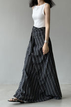 High Waist Striped Tie Waist A Line Maxi Skirt