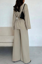 Solid Color Collared Long-sleeved Tie-waist Loose Top and Elastic Waist Casual Wide-leg Pants Set