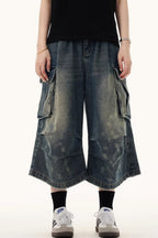 Multi Pocket Ruched Cargo Relaxed Straight Jeans
