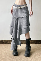 Knit Asymmetric Hem High Waist Midi Skirt