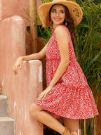 Casual floral pleated wooden ears hanging neck suspender dress summer
