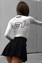 European American Motorcycle Style Letter Print Slim Knit Top