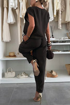 Linen Blend Solid Color V-neck Short-sleeved Top and Elastic Waist Pocket Bloomers Pants Set