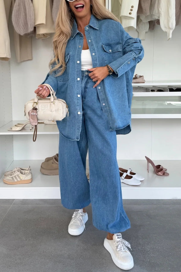Stylish Denim  Button Down Long Sleeve Pocket Oversized Blouse
