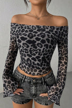 Leopard Print Semi-Sheer Off-Shoulder Long-Sleeve Blouse
