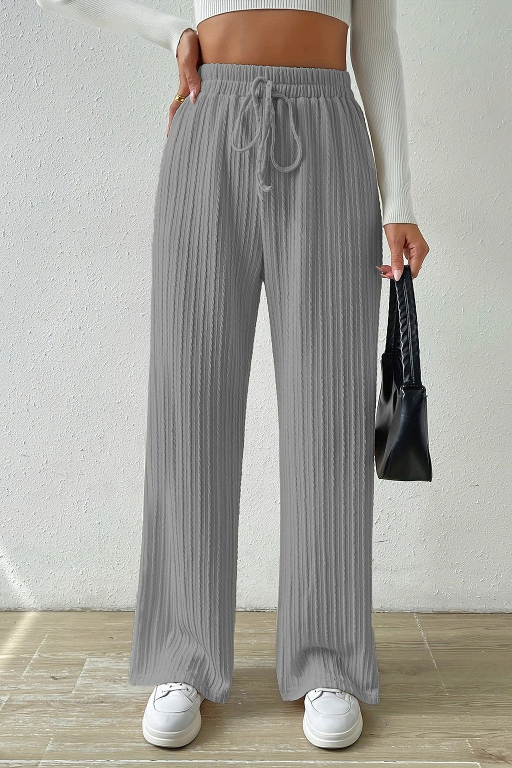 Elastic High Waist Solid Straight Leg Knit Pants
