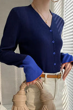 Flare Sleeve Colorblock Knit V-Neck Cardigan