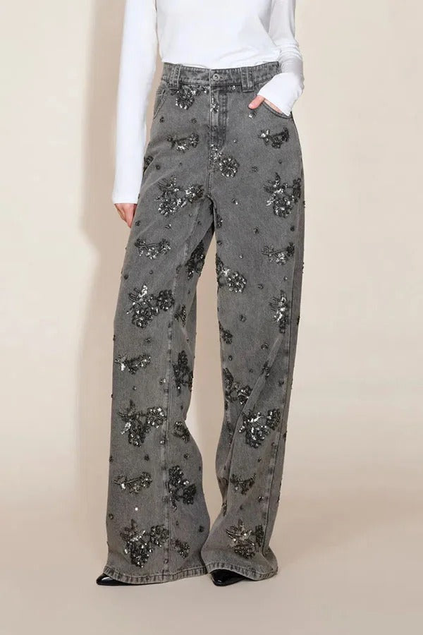Jhenie Denim Beaded Sequin Floral Pattern Mid Rise Pocket Wide Leg Jeans