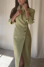 Elegant Look Linen Blend Stand Lapel Neck Half Sleeve Side Button Midi Dress