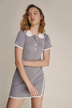 Dark Grey Contrast Trim Rib-Knit Polo Mini Dress