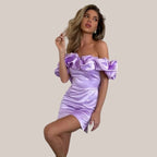 Angeles Effortless Off the Shoulder Cocktail Dress with Ruffle Detail Boutique Collection