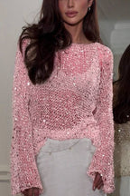 Sequin Embellished Openwork Crochet Flared Sleeve Blouse