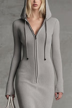 Solid Color Hooded Zip-up Long-sleeved Slim-fit Lace Hem Midi Dress