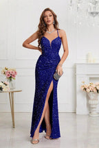 V Neck Slit Sequin Slip Prom Dress