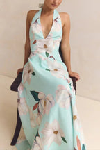 Floral Print V-neck Backless Tie-up Fitted Waist Elegant Maxi Dress