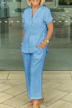 V-Neck Linen Casual Cropped Pants Set