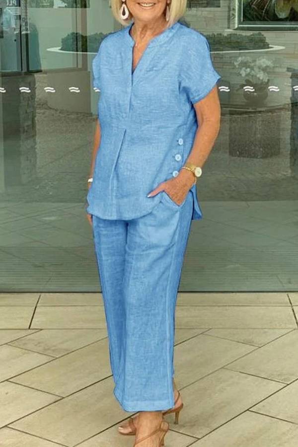 V-Neck Linen Casual Cropped Pants Set