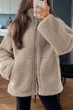 Stand-up collar zip-up lamb wool oversized coat