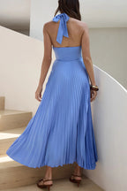 Solid Color Halter Neck Hollowed-out Casual Pleated Holiday Maxi Dress