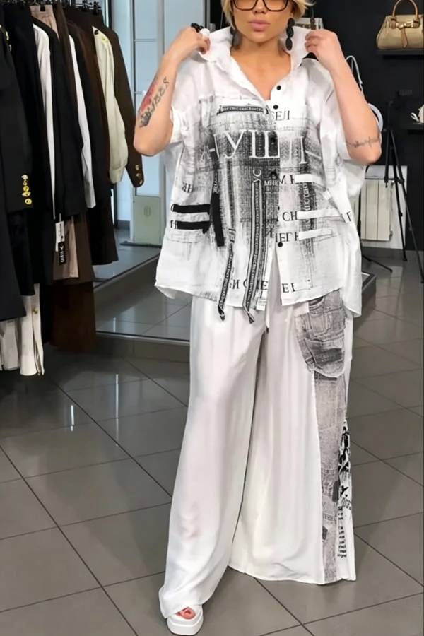 Street Style Graffiti Print Button Half Sleeve Blouse and Elastic Waist Pocket Wide Leg Pants Set