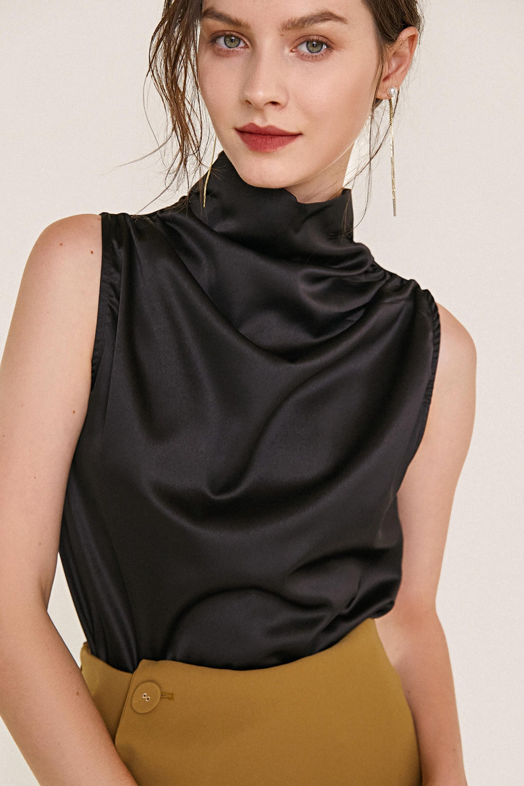 Black Sleeveless High Draped Neck Satin Work Blouse