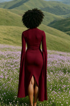 Cape Long Sleeve Back Slit Midi Dress