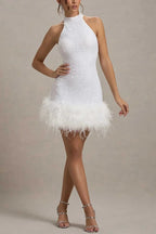 Kate Minimalist Iridescent and Playful Stretch Mini Dress with High Neck Sequin Trim and Feather Statement Occasion Edit