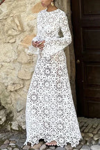 Island Break Crochet Flower Pattern Long Sleeve Backless Vacation Maxi Dress