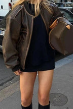 Faux Leather Zipper Bomber Jacket