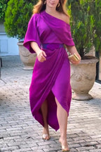 Whispered Yes Satin Irregular Lapel Neckline Design Ruched Maxi Dress