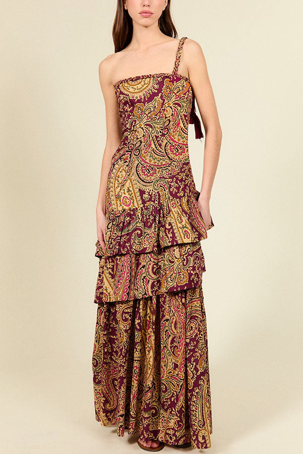Ailen Paisley Print One Shoulder Tassel Details Ruffle Hem Maxi Dress