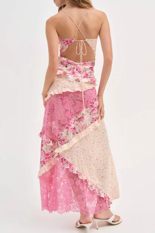 Fashionable Floral Print Lace Patchwork Hollow-out Slim Fit Vacation Ruffle Maxi Dress