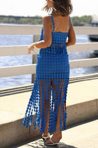 Caitlin See Through Circle Embroidery Square Neck Tassle Hem Slip Tank