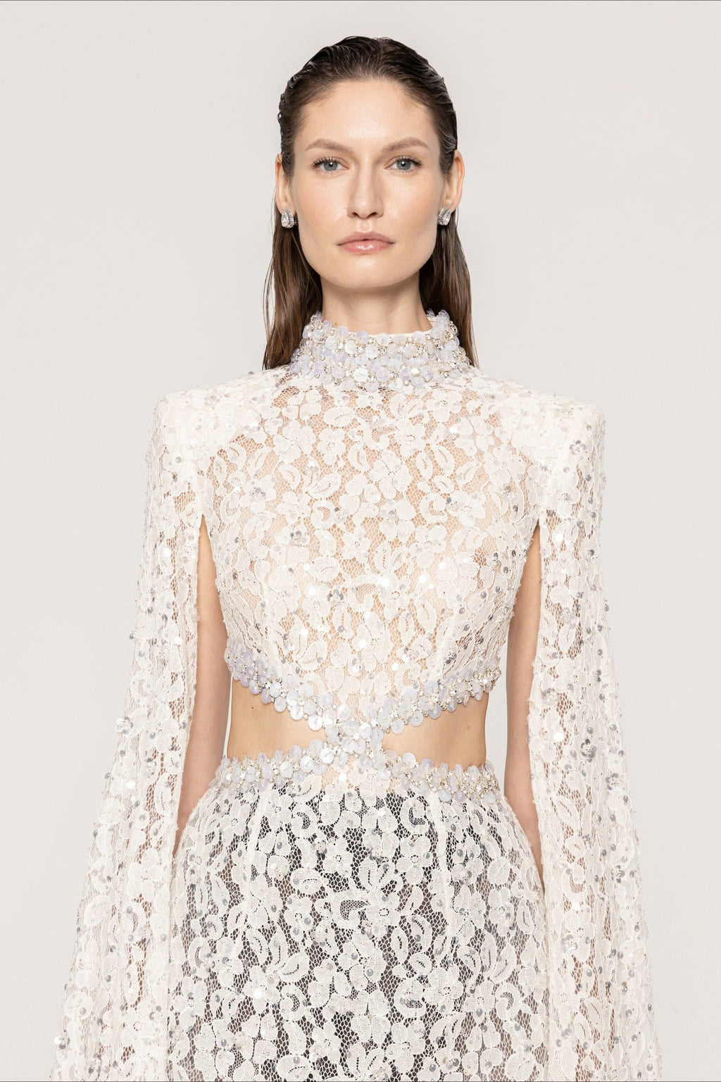 Lace Beaded Sequin Slim Cape Reception Dress