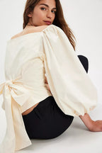 Corset Back Bow Puff Sleeve Blouse