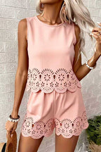 Multi-Color Cutwork Lace Trim Sleeveless Top & Shorts Set