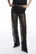 Yulissa Layered Sequin Tassels Mid Rise Stretch Waist Wide Leg Pants