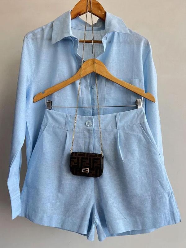 Casual Linen Blouse and Shorts Set