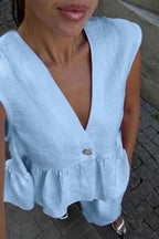 Romantic Cotton V Neck Sleeveless Vest Pants Two Piece Set