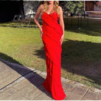 Elegant Ruffles Chiffon Backless Split Maxi Red Party Dress