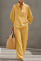 Linen Blend Solid Color Button-down Loose Top and Elastic Waist Pocket Casual Pants Set