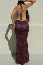 Unique Printed Halter Neck Beaded Pleated Resort Maxi Dress