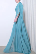 Solana Draped Sheer Cape Top and High Waist Pleated Slit Maxi Skirt Set