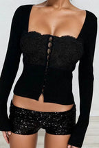 Black Square Neck Buttoned Cardigan