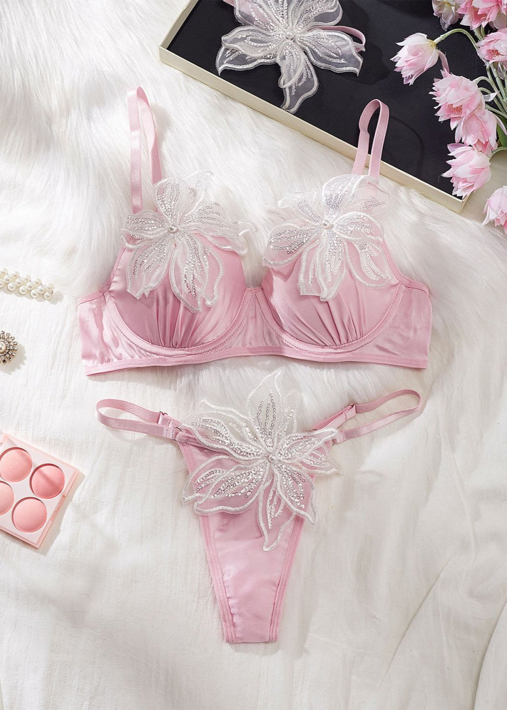Lilia – Embroidered Floral Mesh Lingerie Set with Garter Belt